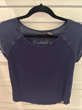 Tahari Navy Short Sleeve Scoop-Neck Top with Sheer Shoulders